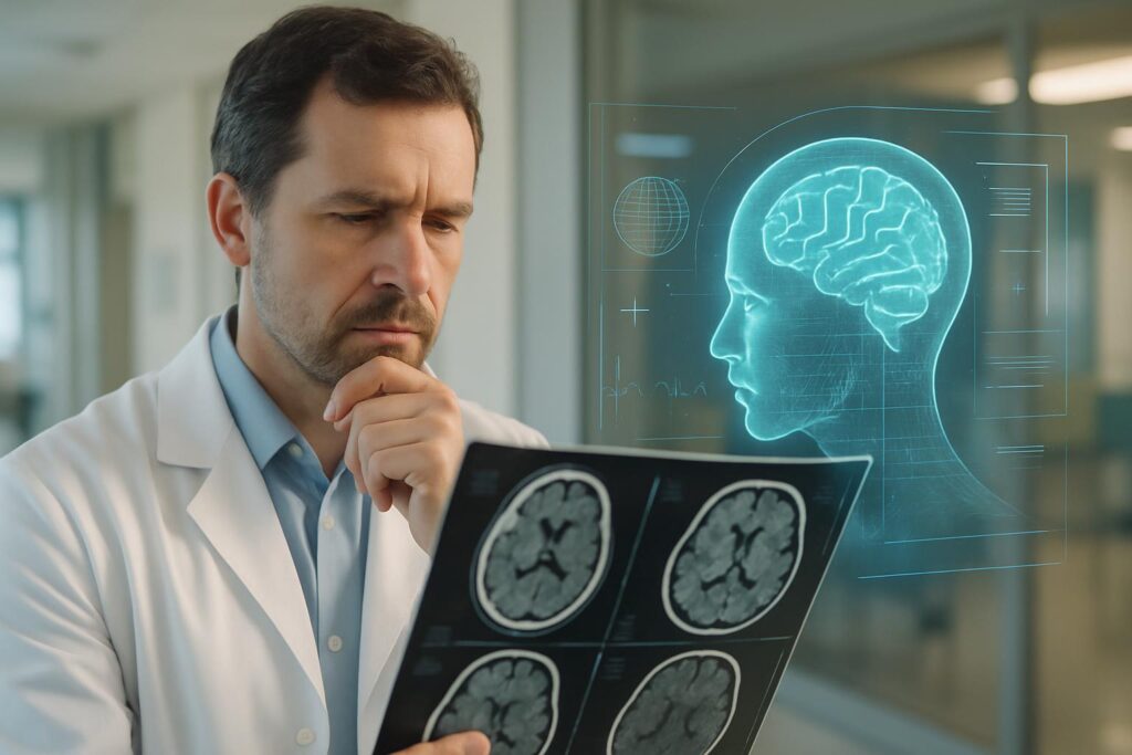 Radiólogo analizando imagen médica junto a una capa de inteligencia artificial, simbolizando colaboración en lugar de sustitución