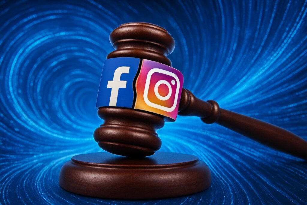 Mazo judicial entre logos de Facebook e Instagram con flujos de datos digitales, simbolizando la aprobación legal para Meta