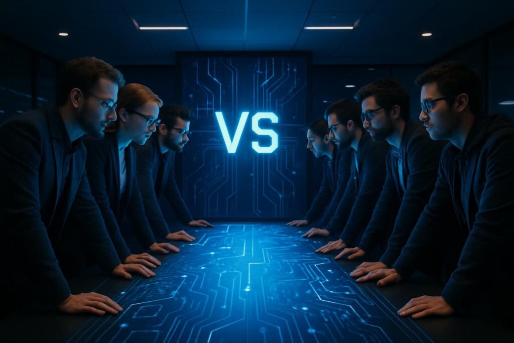Enfrentamiento corporativo entre equipos de Anthropic y OpenAI en sala de juntas tecnológica