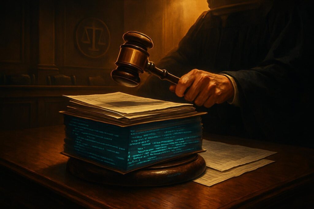 Sala de tribunal con martillo judicial sobre documentos legales y código digital representando caso Anthropic