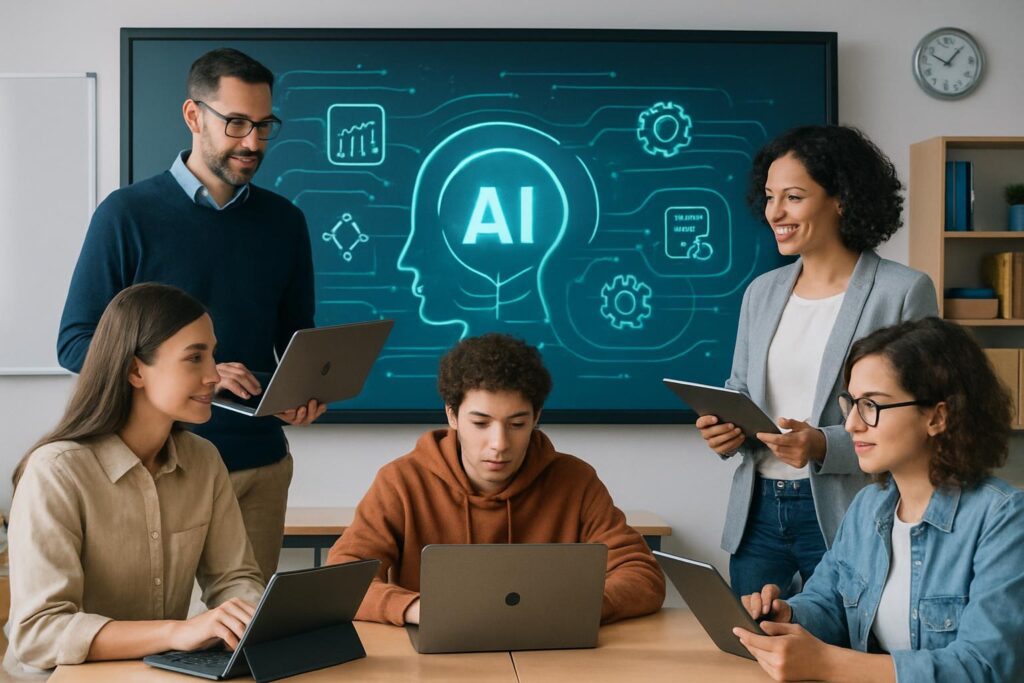 Aula moderna con educadores y estudiantes colaborando con dispositivos digitales e interfaz de inteligencia artificial