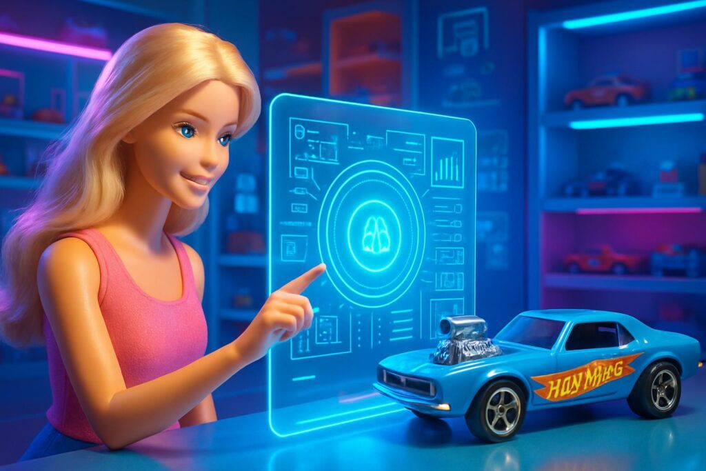 Barbie y auto Hot Wheels interactuando con interfaz de IA en cuarto futurista
