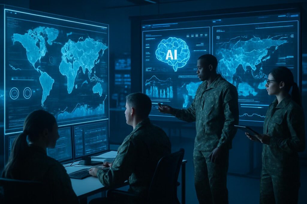 Centro de operaciones militares moderno con pantallas digitales de análisis de IA y personal colaborando