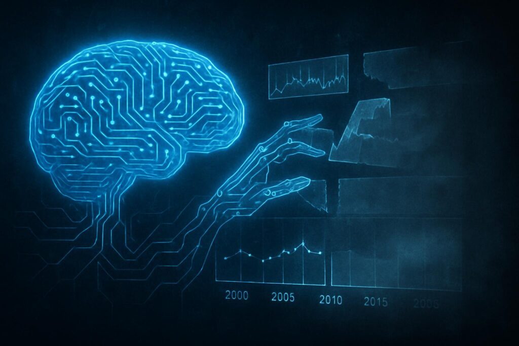 Cerebro de IA futurista con circuitos azules luchando por conectar una línea temporal fragmentada y difusa