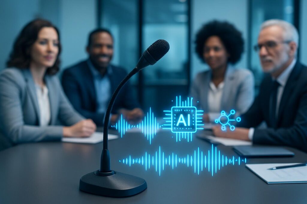 Sala de reuniones moderna con micrófono y visualización de análisis de audio en tiempo real con IA