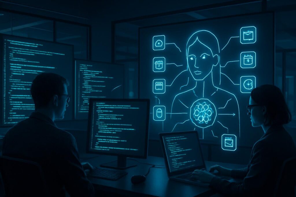 Espacio de trabajo moderno con monitores mostrando código y diagramas de IA conectando herramientas empresariales