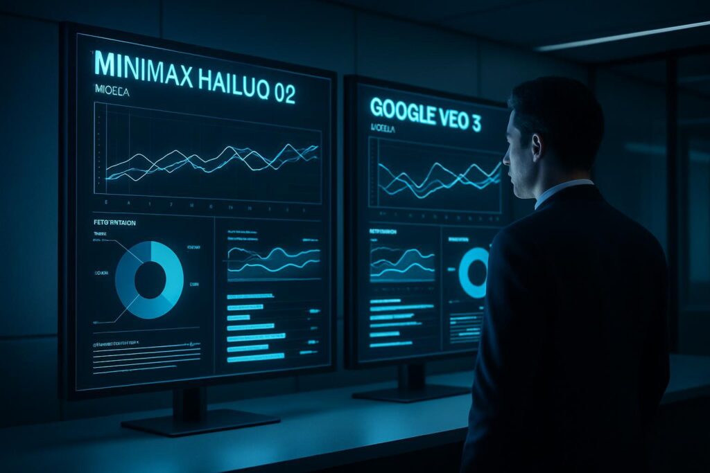 Profesional analizando dashboards comparativos entre MiniMax Hailuo 02 y Google Veo 3 en workspace futurista