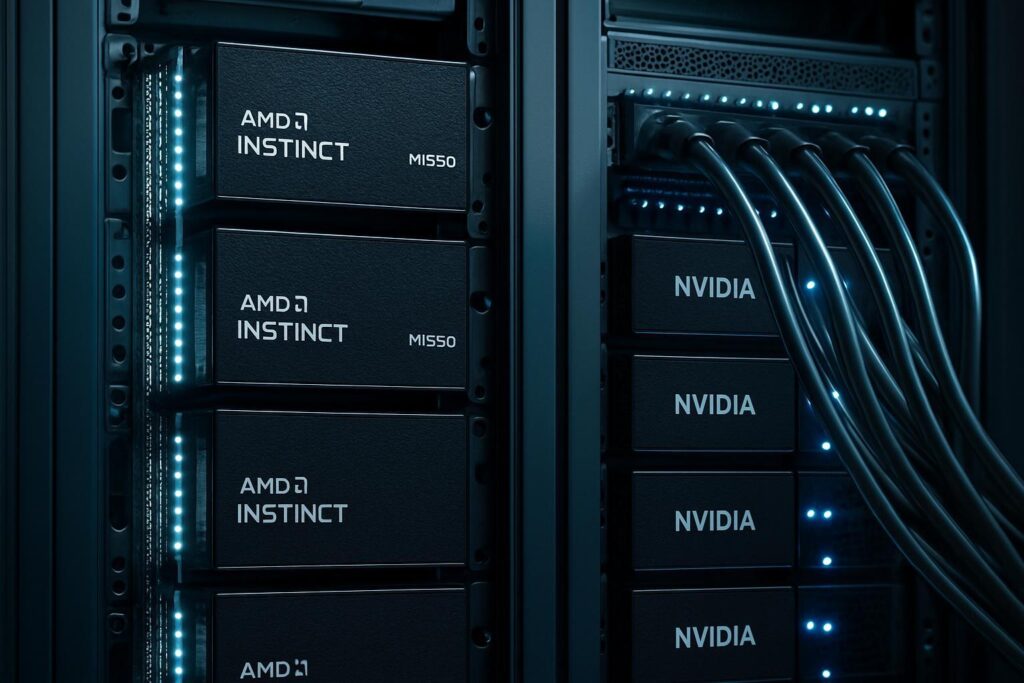 Rack de datacenter con GPUs AMD MI350 y Nvidia iluminadas, comparando módulos de memoria y cables de red