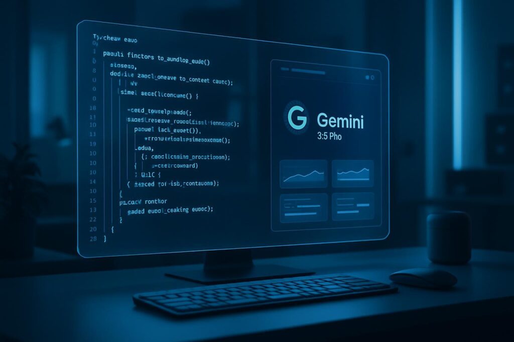 Espacio de trabajo futurista con pantalla transparente mostrando código y interfaz de Gemini 2.5 Pro