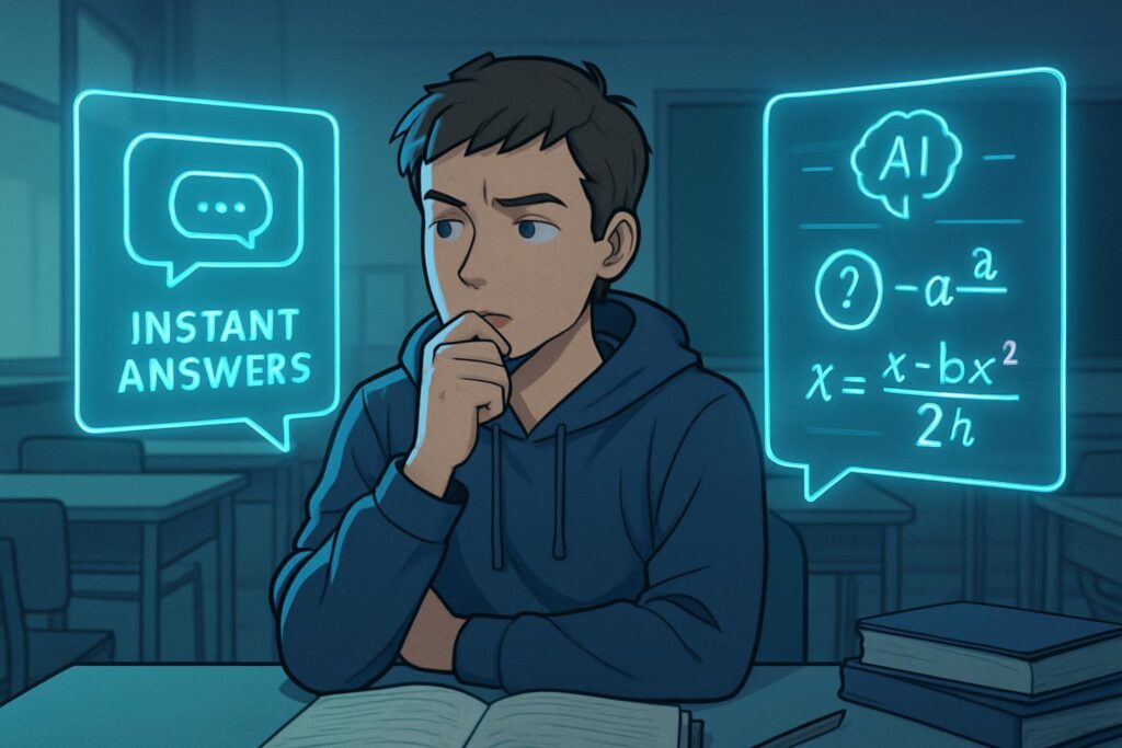 Estudiante reflexivo rodeado de interfaces de IA brillantes, dudando entre respuestas instantáneas y problemas complejos