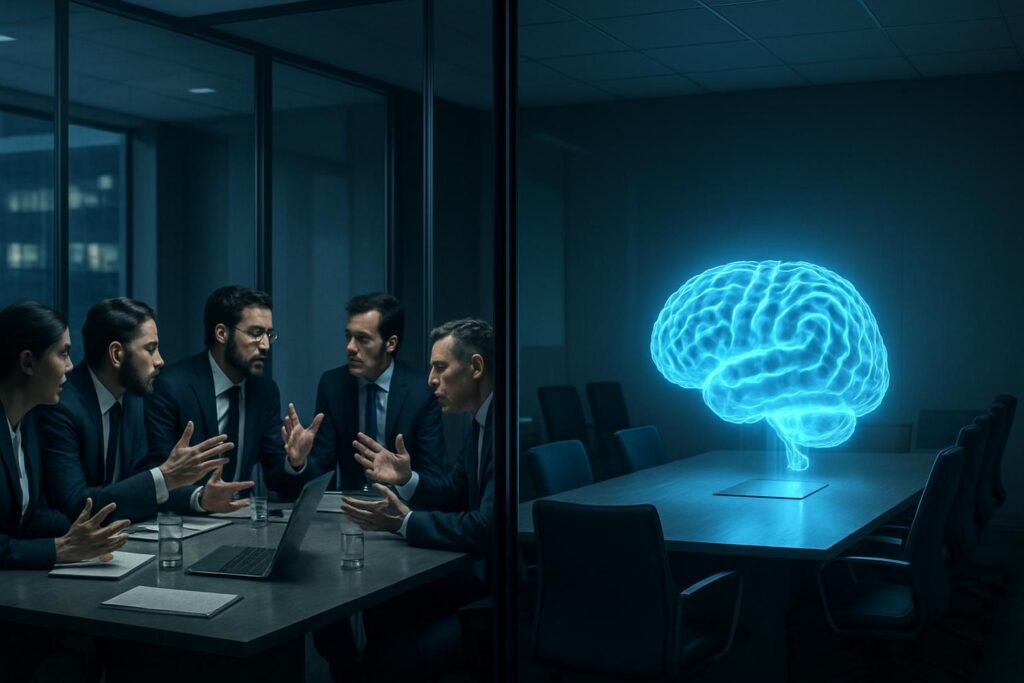 Sala de juntas dividida con expertos debatiendo sobre las capacidades de razonamiento en inteligencia artificial