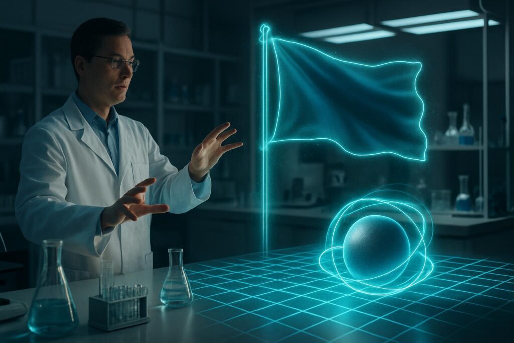 Laboratorio digital con bandera ondeando y esfera rodando controlados por campos de fuerza de IA