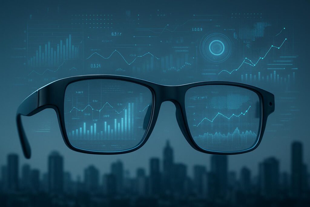 Gafas inteligentes modernas con sensores avanzados y flujos de datos digitales sobre paisaje urbano
