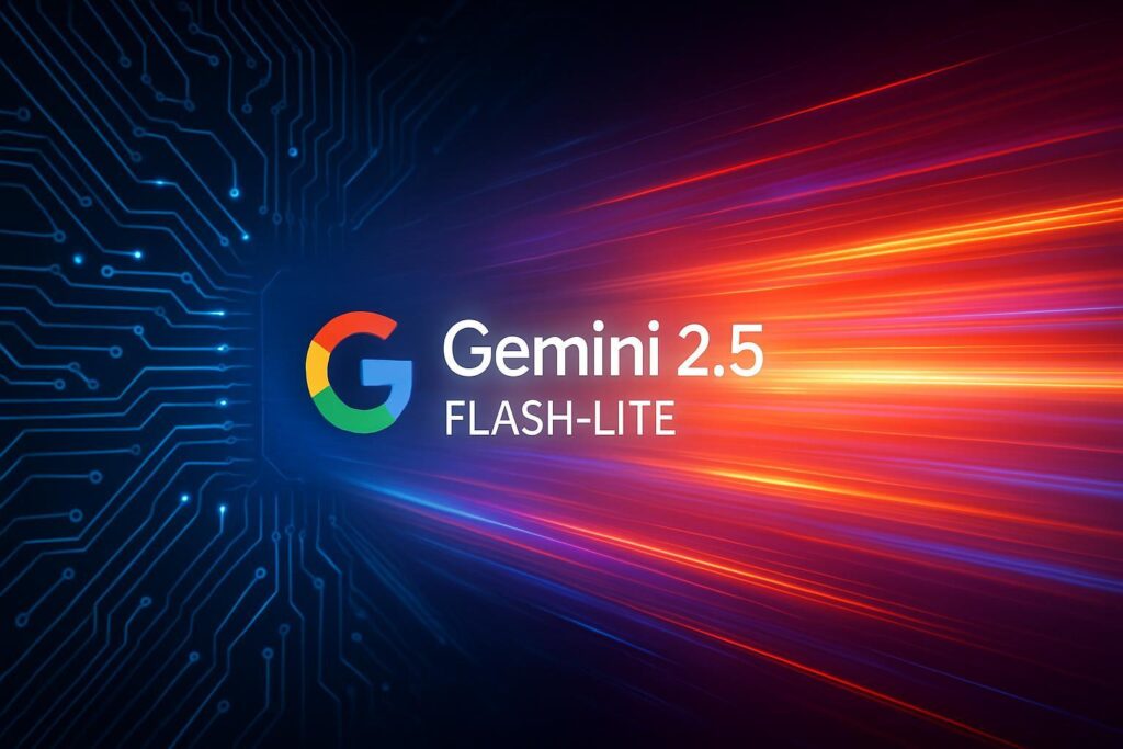 Circuito electrónico transformándose en haz de luz brillante con logo de Google Gemini 2.5 Flash-Lite al centro