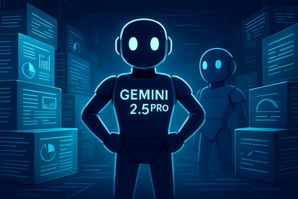 Espacio digital con Gemini 2.5 Pro destacando sobre IA rival en procesamiento de documentos complejos
