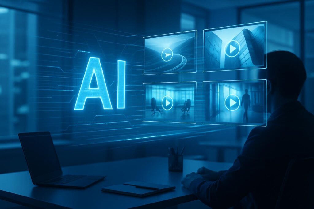 Espacio de trabajo empresarial moderno con interfaz holográfica de IA generando videos a alta velocidad