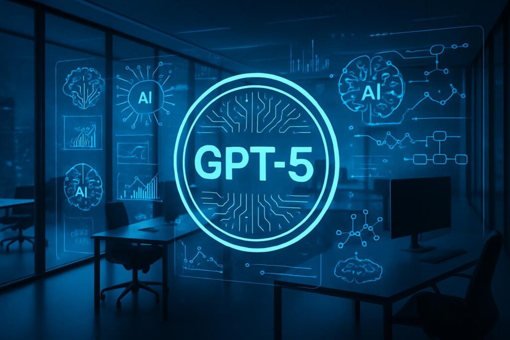 Oficina moderna con overlays digitales mostrando algoritmos de IA y logo GPT-5 en tonos azules