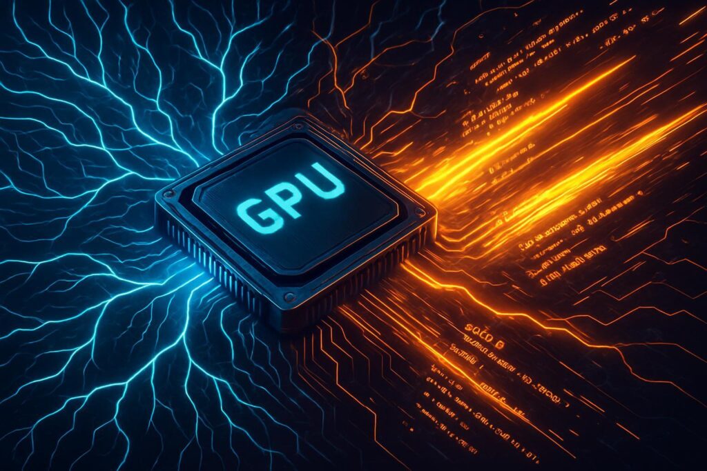GPU futurística con patrones luminosos de red neuronal y streams de código CUDA generado por IA