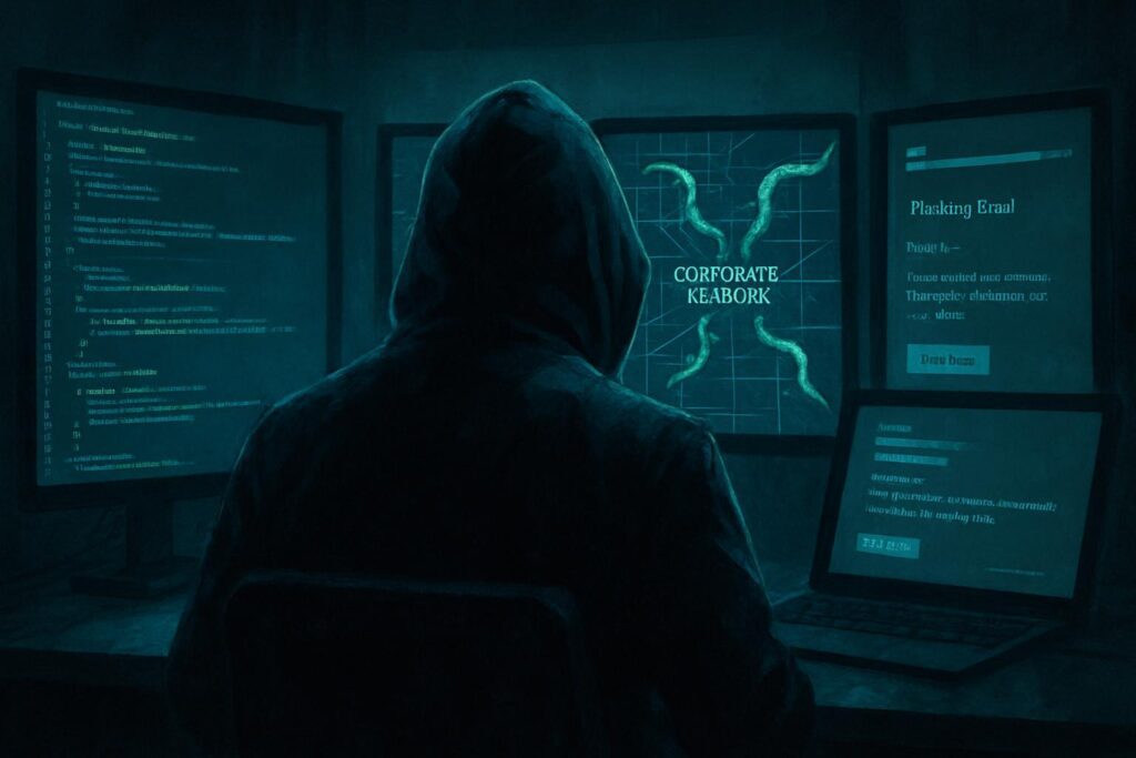 Hacker encapuchado usando WormGPT para generar ataques cibernéticos con IA en entorno digital