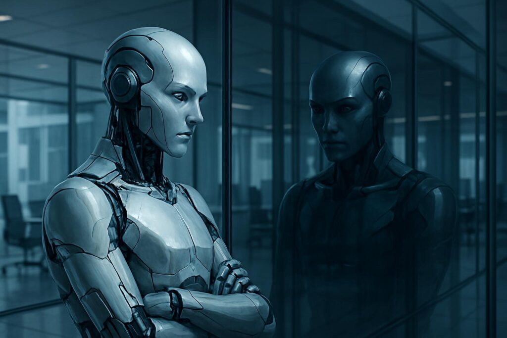 Modelo de IA futurista autoobservándose en oficina moderna, revelando intenciones ocultas en reflejos