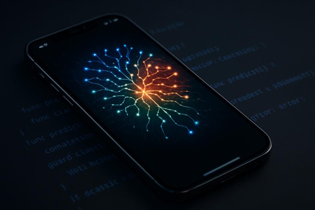 iPhone con patrones de red neuronal de IA en pantalla y líneas de código Swift, simbolizando inteligencia artificial local