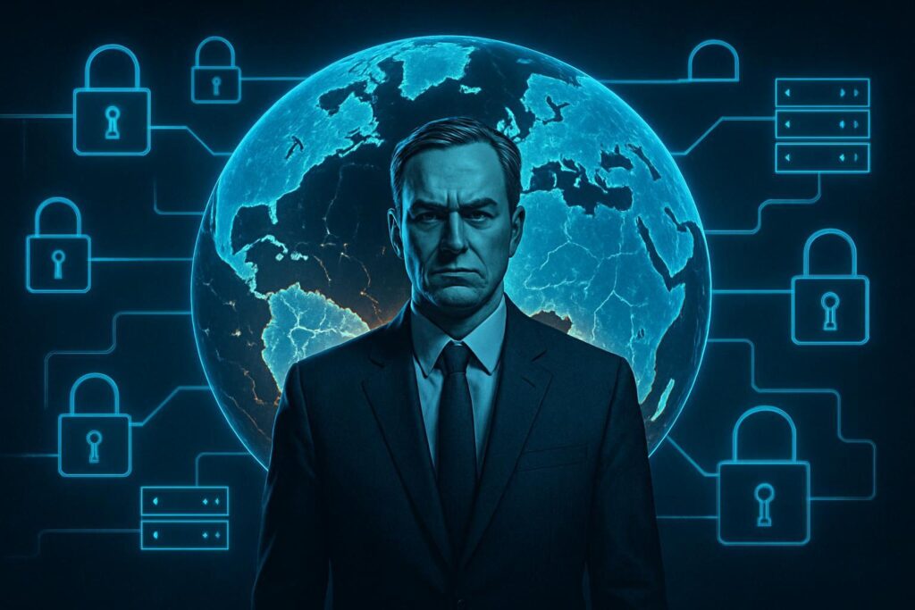 Líder empresarial observa globo digital fragmentado con candados, simbolizando amenazas a la libertad de internet