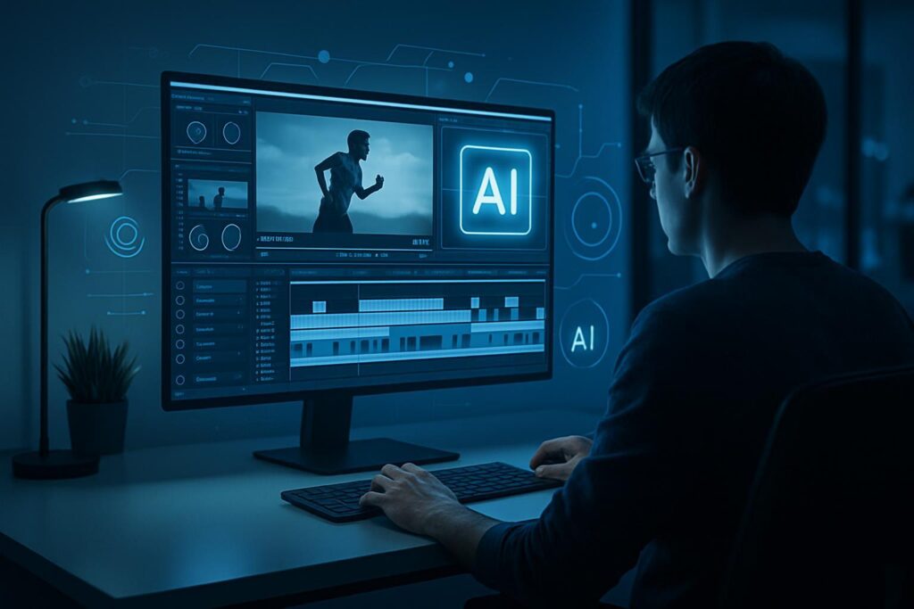 Persona editando video en pantalla moderna con elementos de interfaz de inteligencia artificial