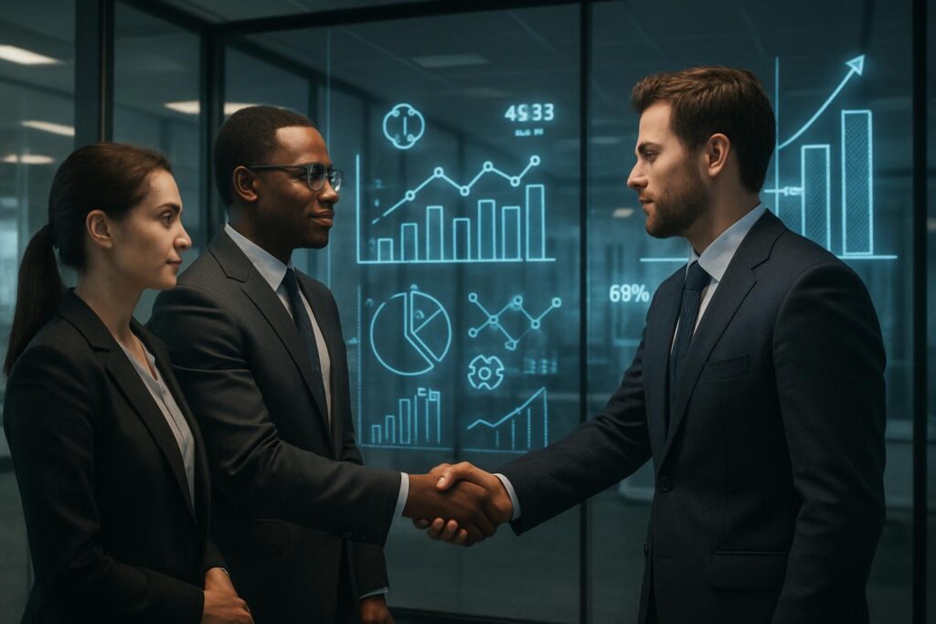 Profesionales de tecnología en negociación con diagramas de IA en fondo, simbolizando guerra de talentos