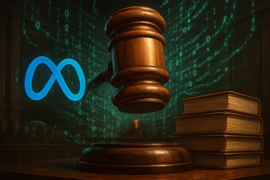 Escena de tribunal con martillo de juez entre logo de Meta y libros, código digital flotando alrededor