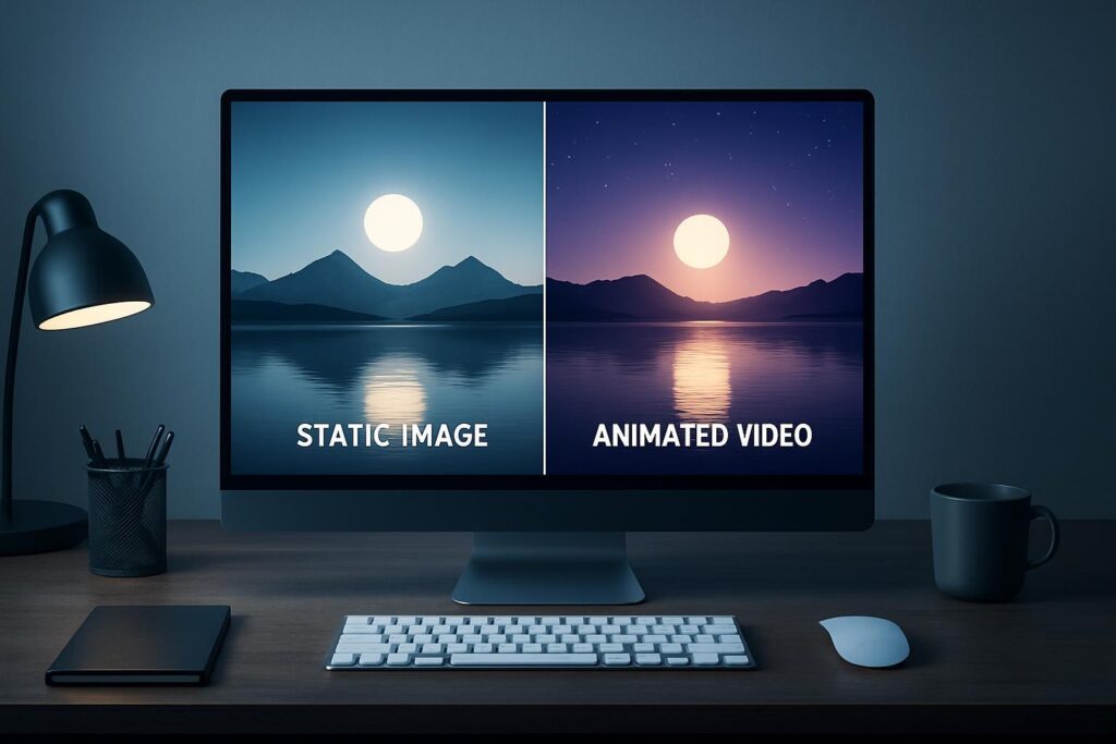 Pantalla de computadora mostrando una imagen estática transformándose en video animado con tecnología IA