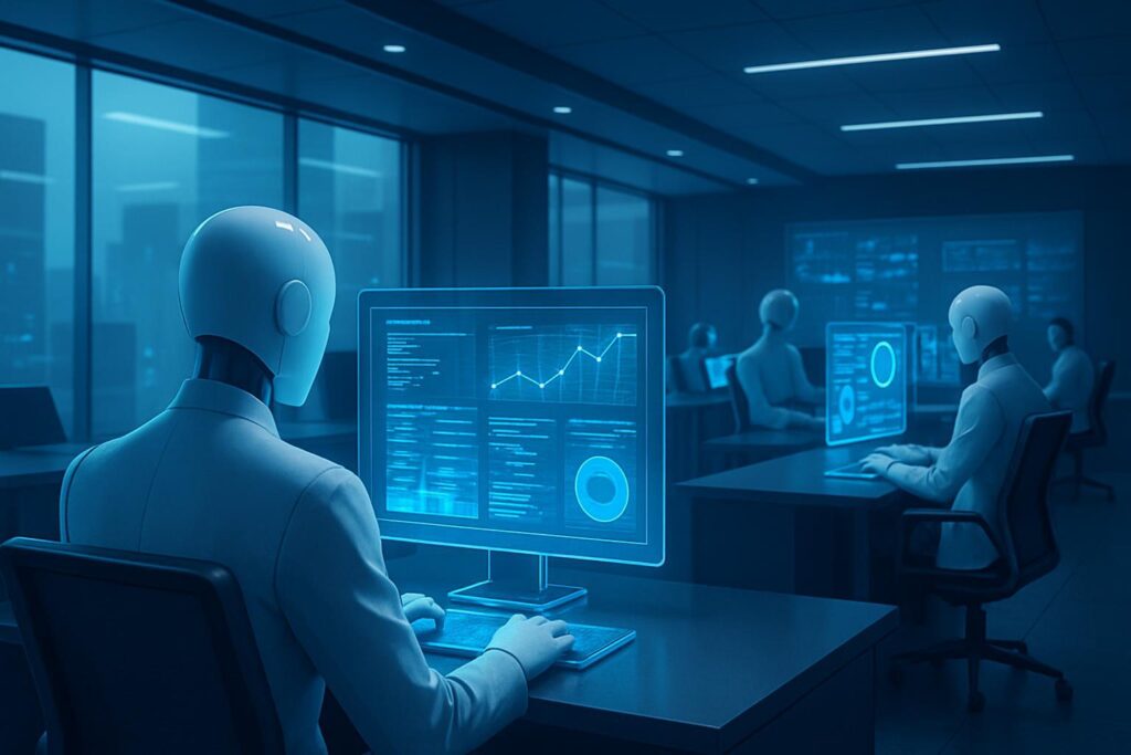 Entorno de oficina digital futurista con agentes de IA trabajando en computadoras virtuales con datos holográficos