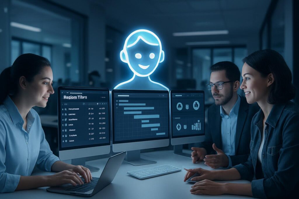Oficina moderna con asistente virtual de IA gestionando tareas digitales en múltiples pantallas mientras equipos colaboran