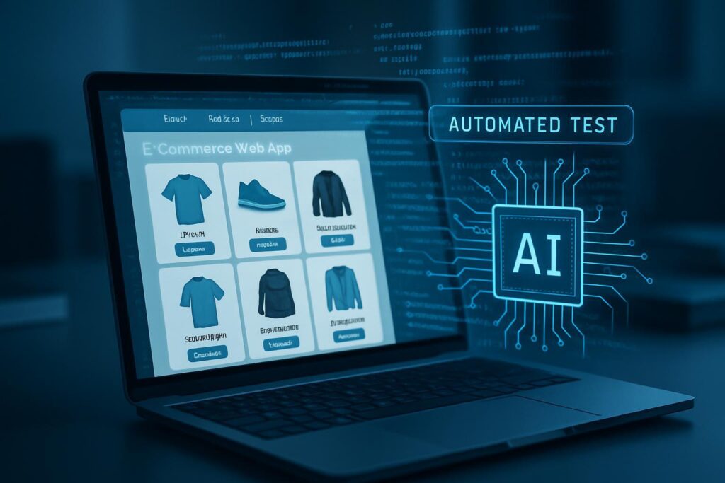 Laptop mostrando aplicación e-commerce con testing automatizado por IA y elementos digitales superpuestos