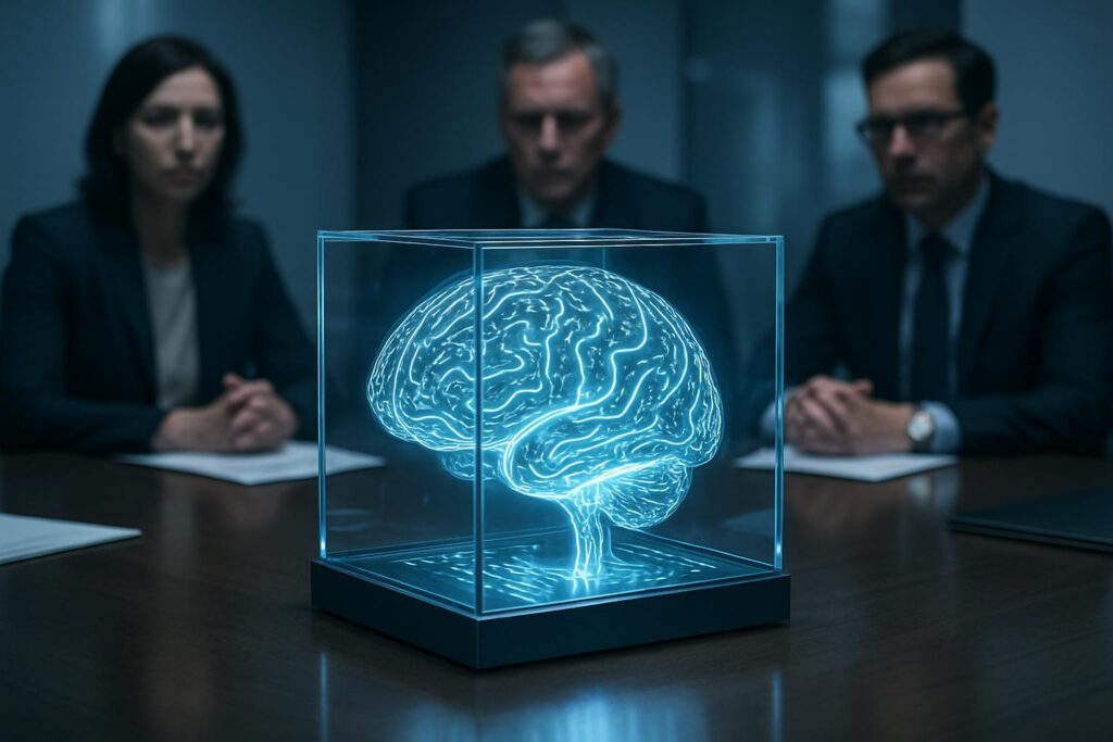 Cerebro de IA con circuitos luminosos en caja de cristal observado por ejecutivos en sala de juntas corporativa