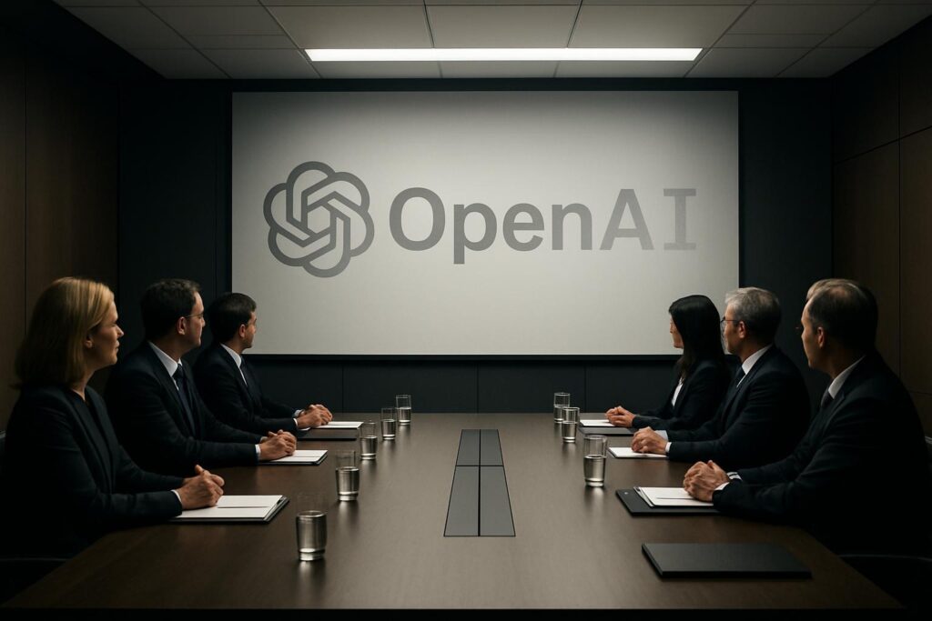 Sala de juntas corporativa con ejecutivos observando logo de OpenAI desvaneciéndose por conflicto de marca