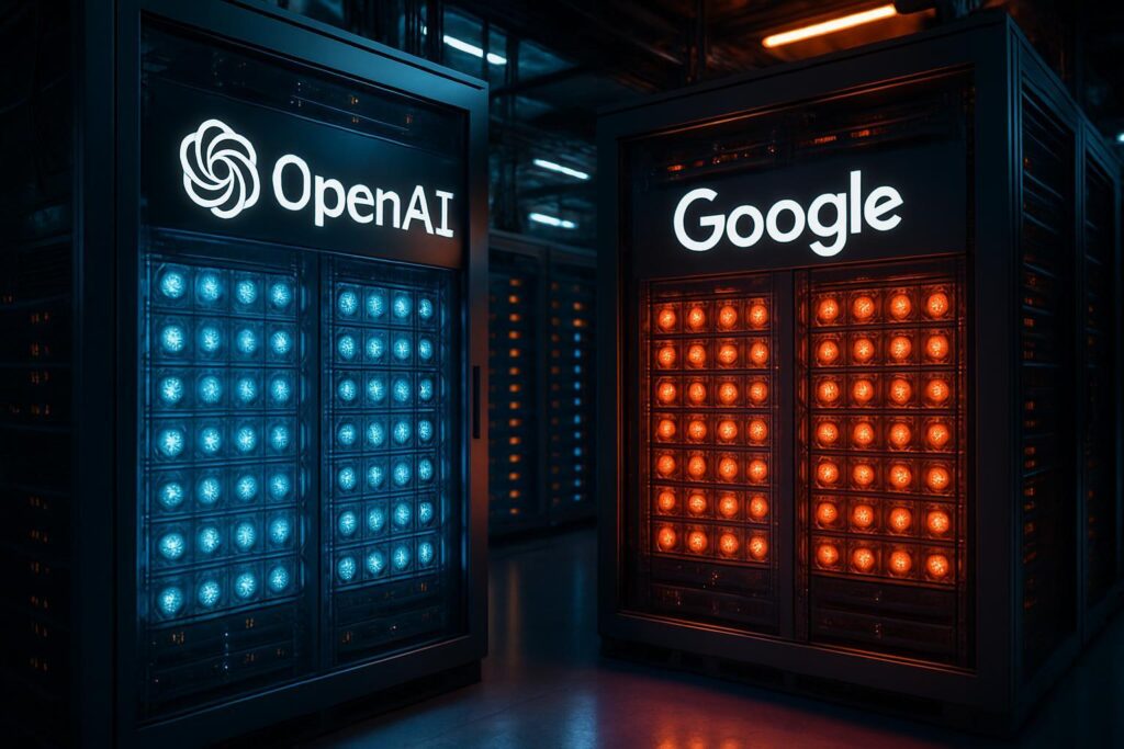 Centro de datos con logotipos de OpenAI y Google en servidores con TPUs iluminados representando alianza estratégica