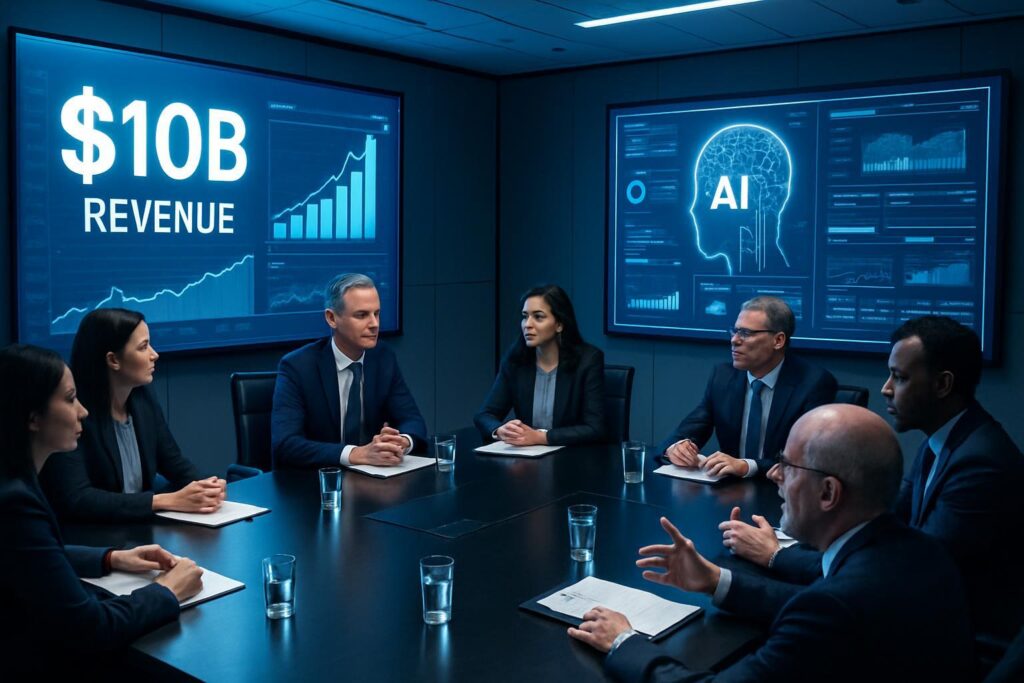 Sala de juntas corporativa con pantallas mostrando gráficos de crecimiento de ingresos de OpenAI y ejecutivos reunidos