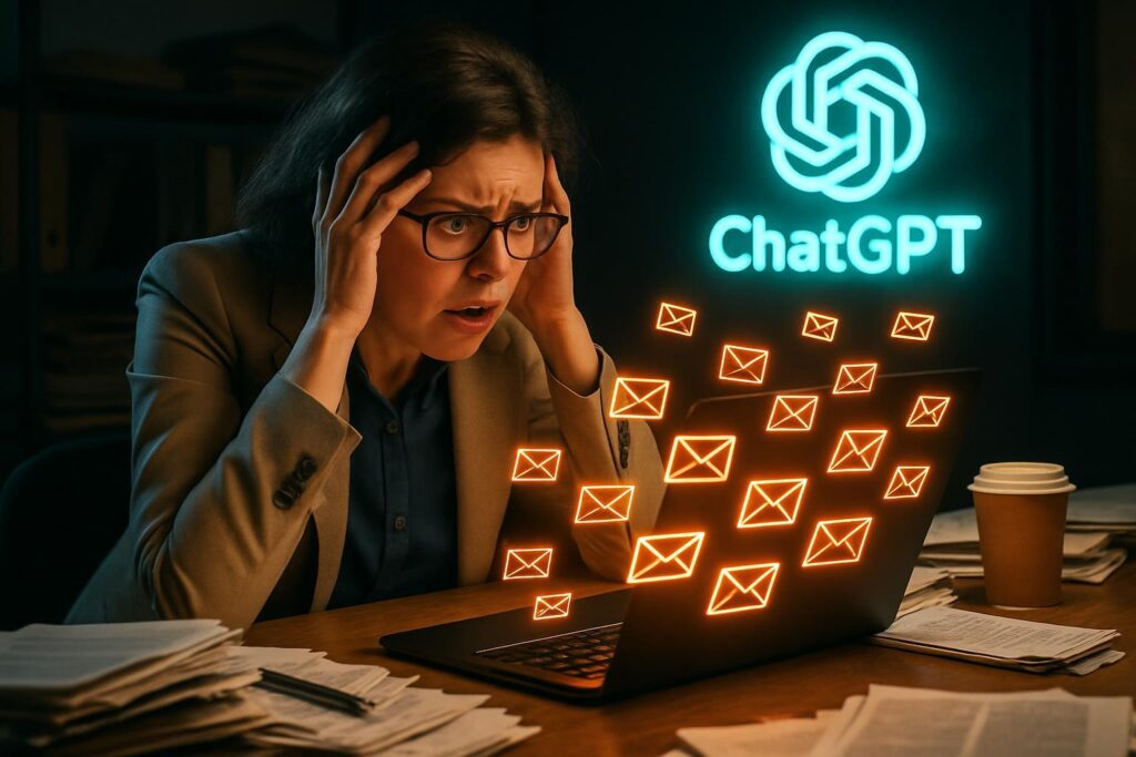 Periodista profesional en su escritorio abrumada por correos electrónicos mientras ChatGPT aparece en segundo plano