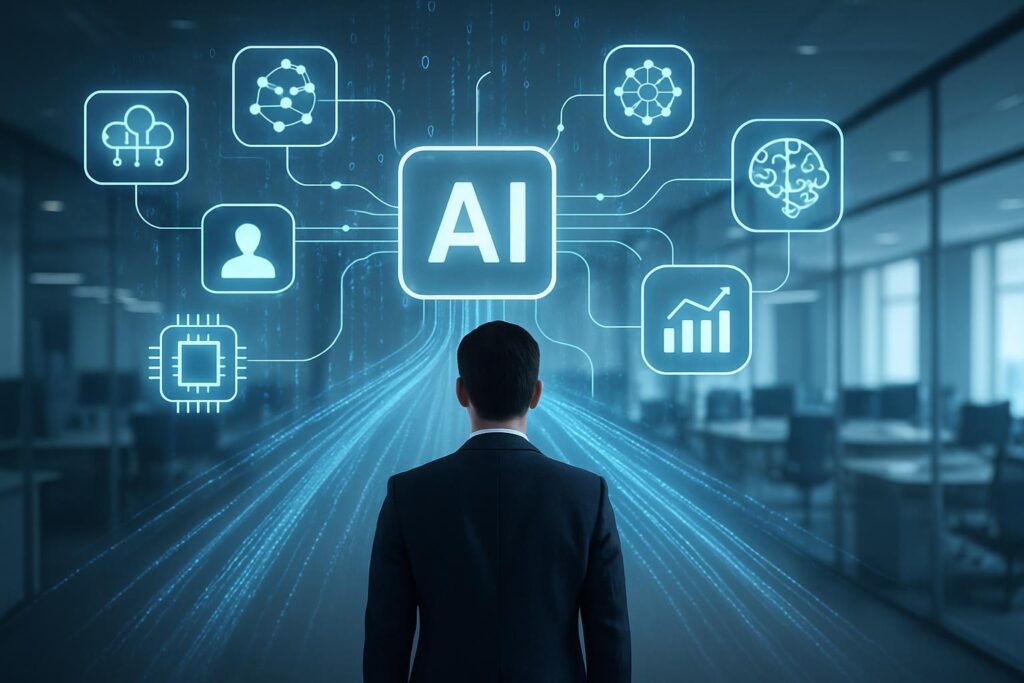 Profesional observando red digital de iconos de IA con flujos de datos en entorno empresarial moderno