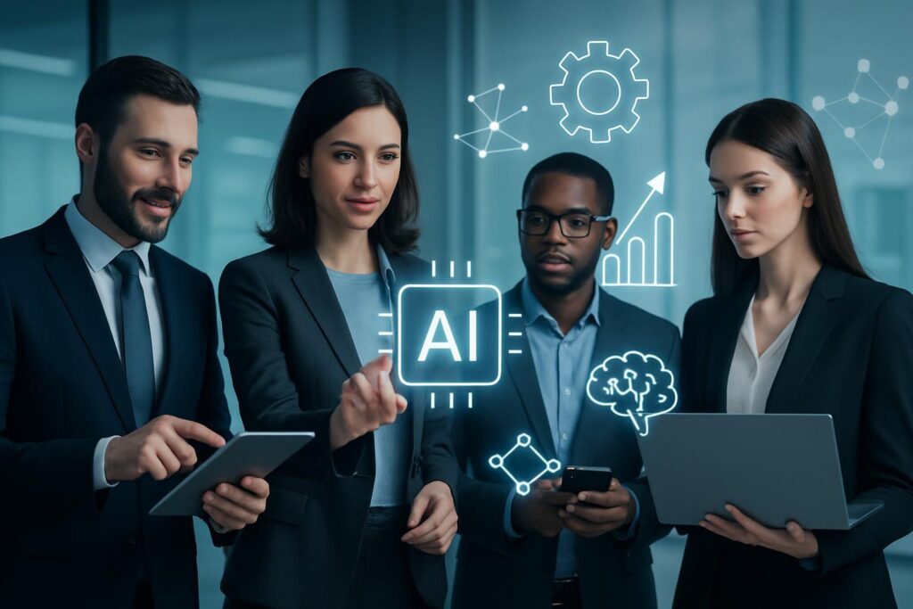 Profesionales de negocios interactuando con interfaces de Apple Intelligence en oficina moderna