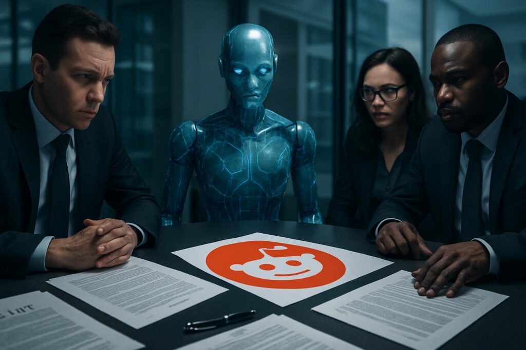 Mesa de reunión con documentos legales, logo de Reddit y figura de IA digital en oficina moderna
