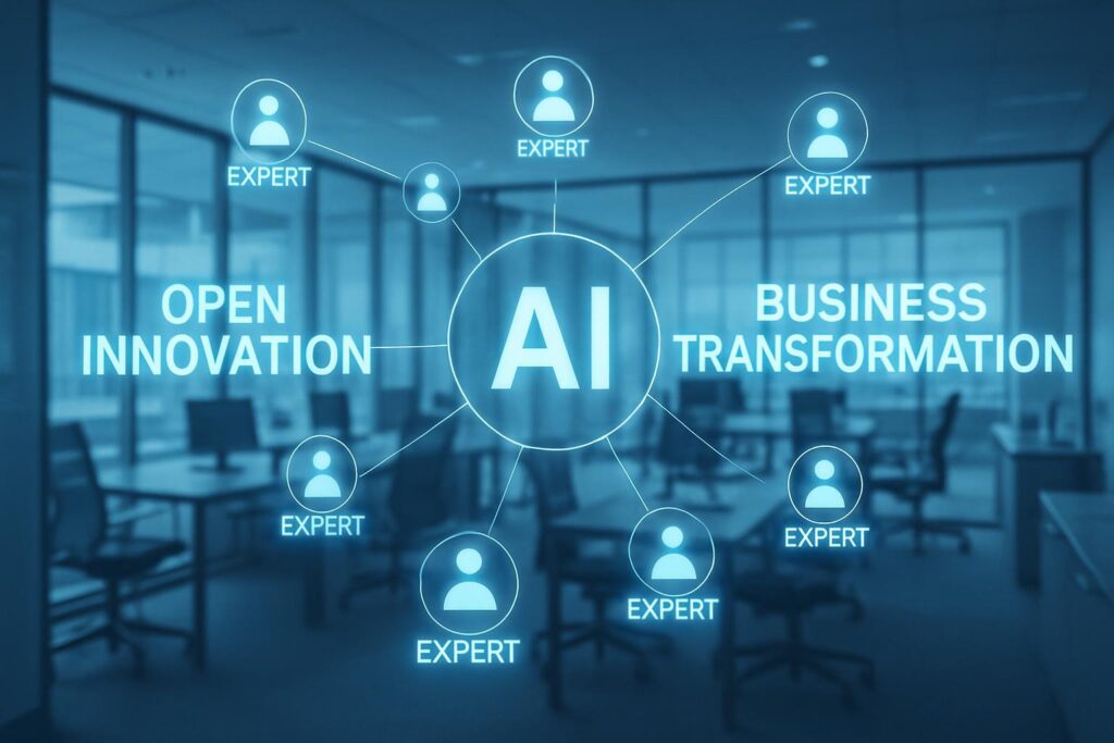Oficina moderna con interfaz digital transparente mostrando nodos de inteligencia artificial interconectados