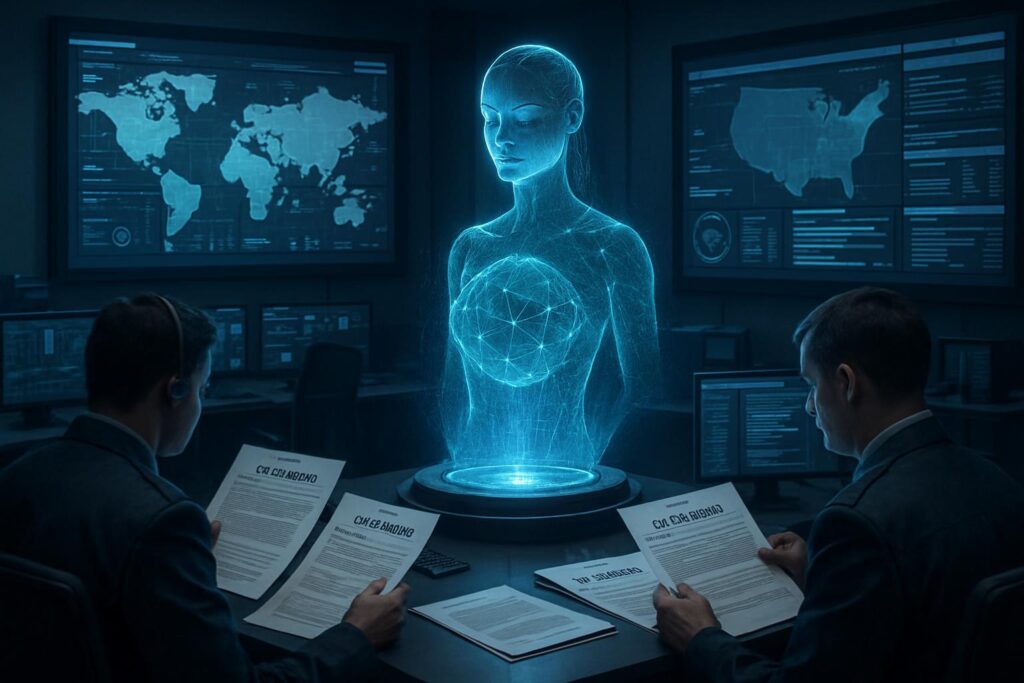 Sala de control gubernamental con pantallas digitales, holograma de IA y analistas revisando documentos clasificados