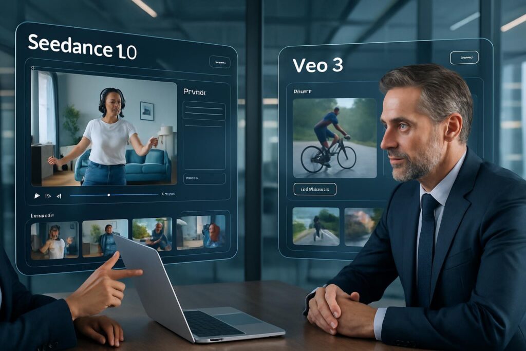 Profesionales comparando interfaces de Seedance 1.0 y Veo 3 para generación de video con IA