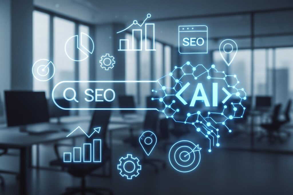 Oficina moderna con interfaces digitales que combinan búsquedas SEO y redes neuronales de IA