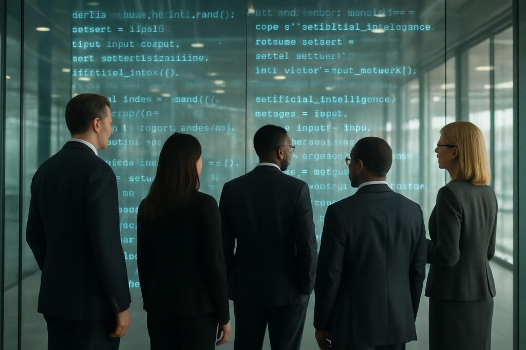 Profesionales observando código de IA tras pared de cristal, simbolizando transparencia en desarrollo tecnológico
