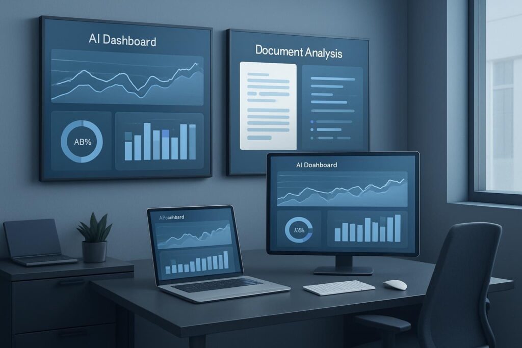 Espacio de trabajo moderno con dashboards de IA y análisis contextual de documentos empresariales