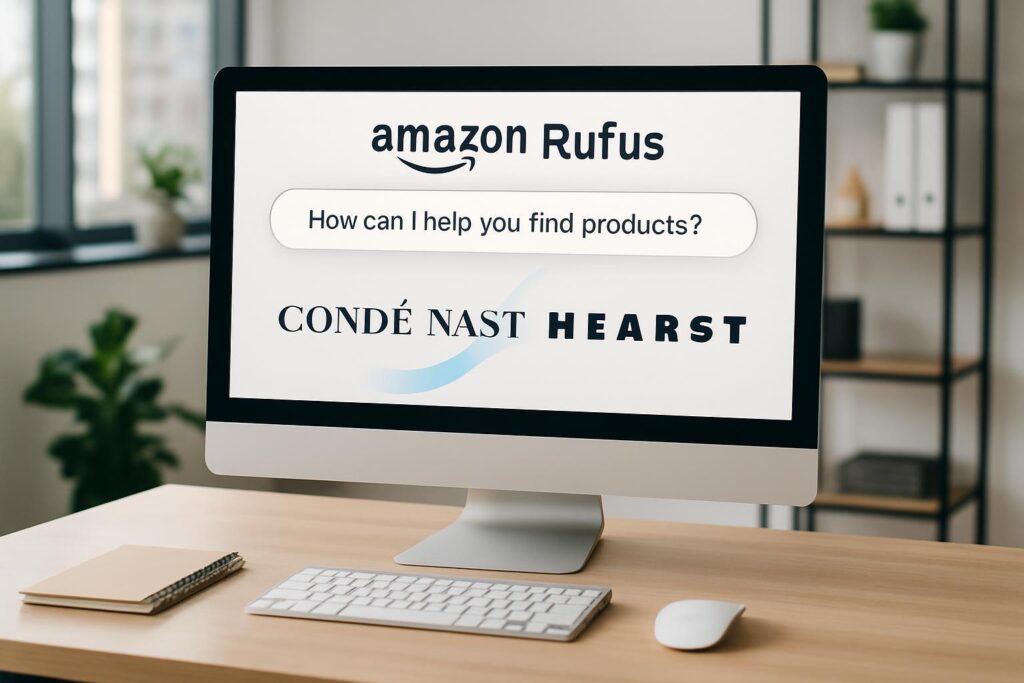 Espacio de trabajo moderno con interface de Rufus AI y logos de Condé Nast y Hearst fusionándose digitalmente