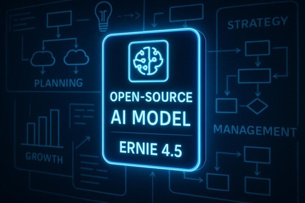 Interfaz de modelo de IA de código abierto con diagramas de flujo empresarial representando innovación de ERNIE 4.5
