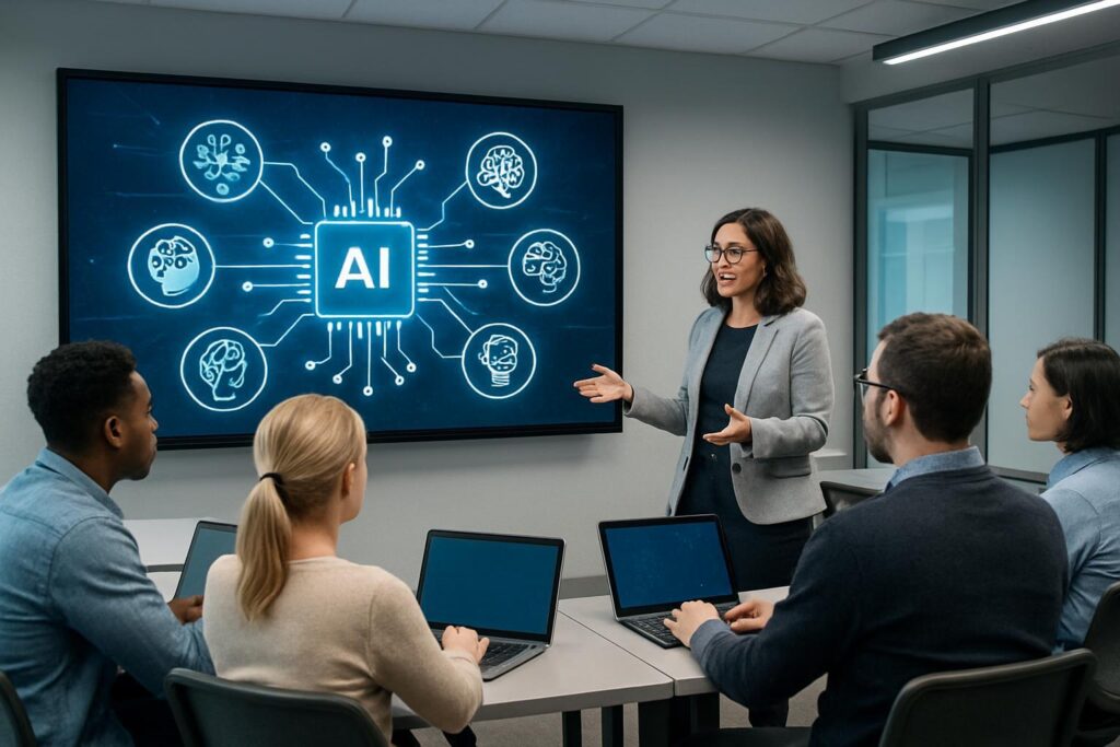 Maestros aprendiendo sobre inteligencia artificial en aula moderna con pantalla digital mostrando iconos de IA